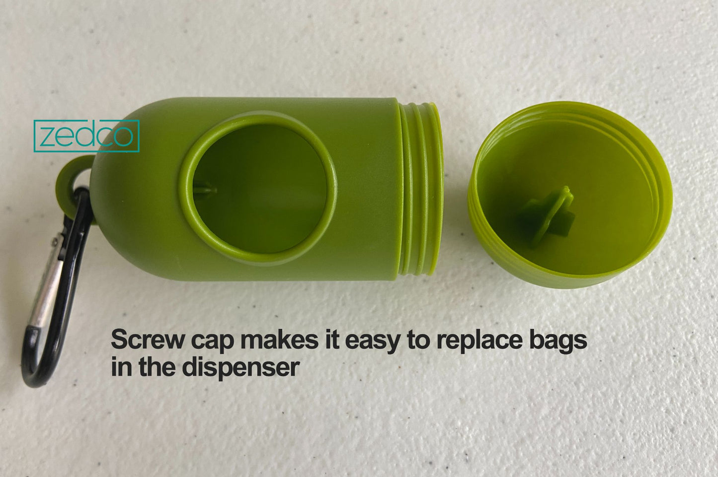 Dispenser for Pet Poop Bags - Metal Carabiner Included, Screw Cap